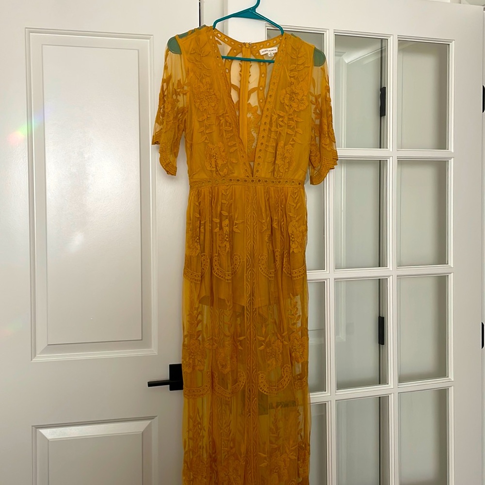 Honey Punch Mustard Lace Maxi Dress